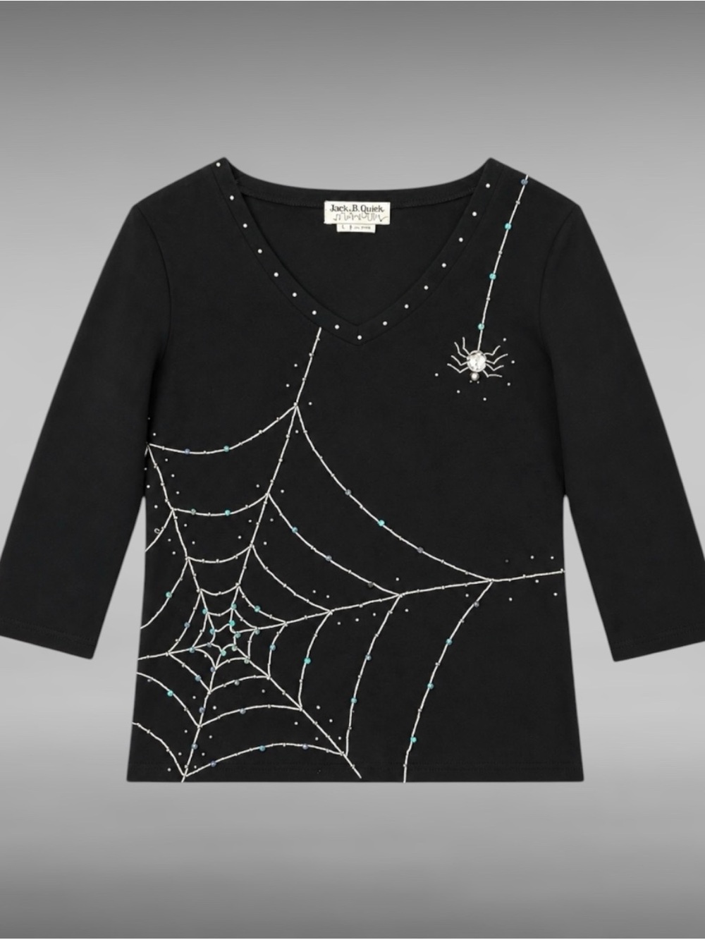 NWT Black 100% Cotton 3/4 Sleeve Top Sweater Embellished Spider Web Halloween L